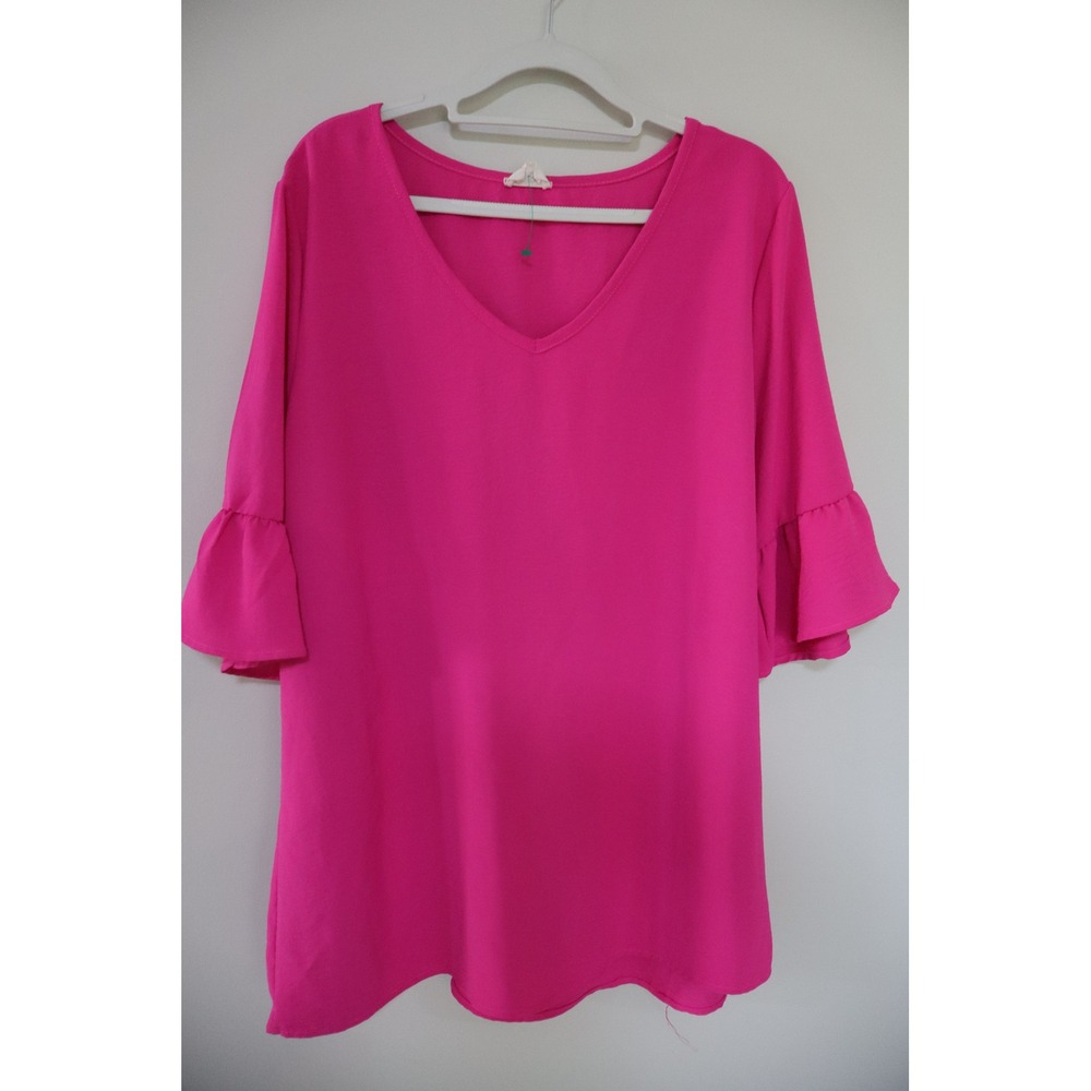 Barbiecore Ruffle Bibi Bell Sleeve Top XL Pink V-Neck Blouse